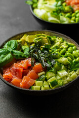 salmon, avocado and edamame bean bowl