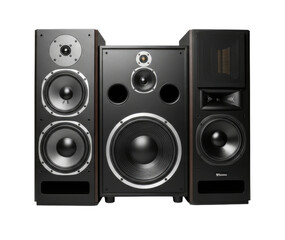 Three black studio monitor speakers isolated on transparent background