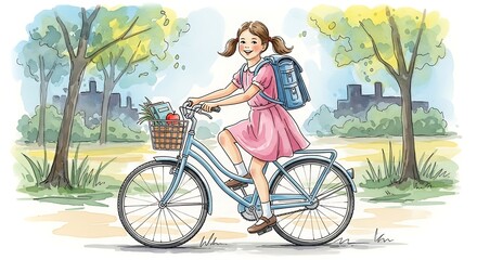 Obraz premium Girl Riding Bicycle to School in Sunny Weather.