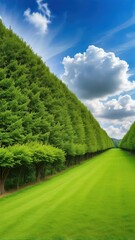 Fototapeta premium Highly detailed long tree hedge surrounded by lush green grass lawn