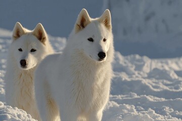 Obraz premium Two majestic white wolves stand gracefully in snowy landscape, e