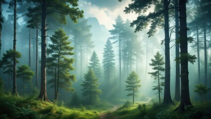 Obraz premium Ancient forest with towering trees and misty atmosphere