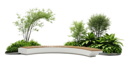 Curved bench surrounded by lush greenery isolated on transparent background