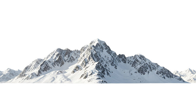 Majestic snow-capped mountain range isolated on white background, perfect for winter landscape designs and scenic views