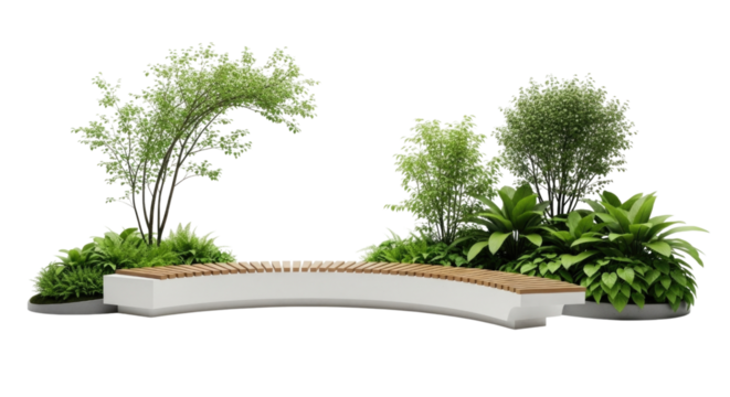 Curved bench surrounded by lush greenery isolated on transparent background