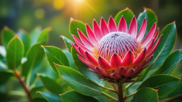 Close-up of Madiba Protea petals on a vibrant green leafy branch