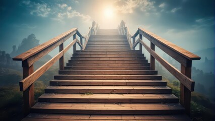 Obraz premium Wooden stairs disappearing into misty foggy atmosphere