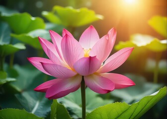 Exotic Pink Lotus flower blooming in full sunlight