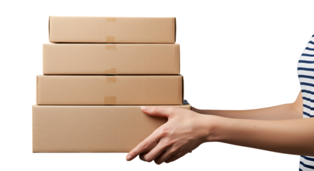 Efficient Delivery Service Hands Holding Stack of Cardboard Shipping Boxes for E-commerce Logistics