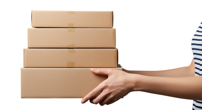 Efficient Delivery Service Hands Holding Stack of Cardboard Shipping Boxes for E-commerce Logistics