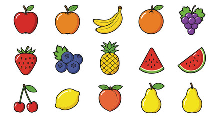 A vibrant collection of various fruits, including apples, bananas, oranges, grapes, strawberries, blueberries, and more, in a colorful illustration.