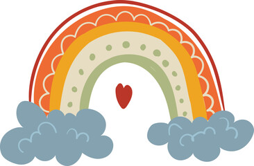 Boho Rainbow with Clouds and Heart Illustration