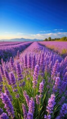Fototapeta premium Detailed view of a lush lavender field with purple and blue flowers in full bloom under a clear sky