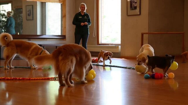 A group of friendly dogs play together with toys in a spacious room under a watchful petsitter's supervision, conveying safe socialization and joyful interaction.