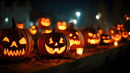 A dark, spooky Halloween night with a jack-o'-lantern's orange glow and fire burning in the fireplace