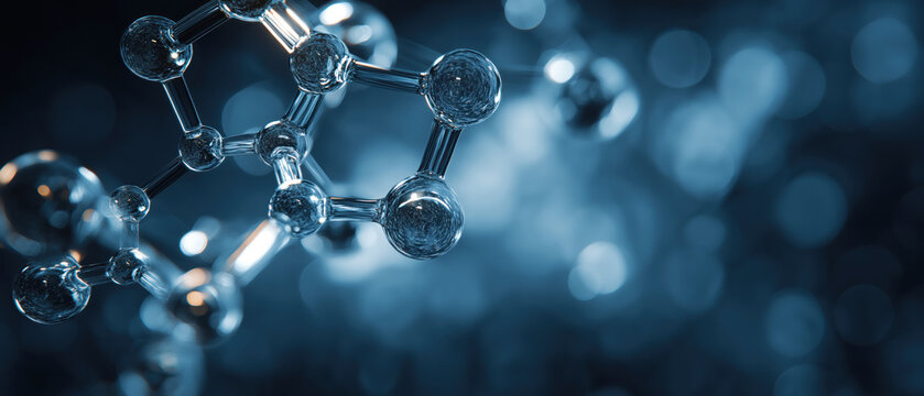 Glass-like molecular structure with reflective transparent atoms and bonds. The background is a blue gradient with soft bokeh lighting