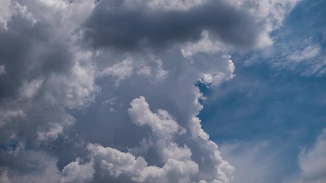 Timelapse of large white cumulus clouds building and moving across a vibrant blue sky, showing dramatic formations and shadows as small birds fly through the frame on a sunny summer day. (198 chars)
