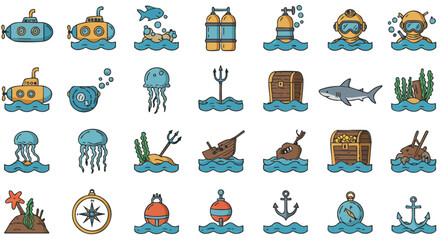 Collection of various underwater-themed illustrations featuring submarines, scuba gear, sea creatures, and treasure chests with a playful design.