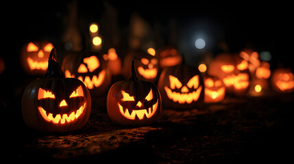 October's spooky night is lit by glowing orange pumpkin jack-o-lantern faces with burning candles in the dark