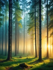 Fototapeta premium A serene forest at dawn with tall trees and misty atmosphere