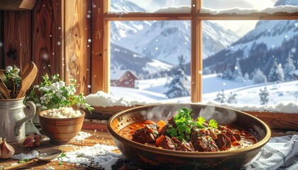 Delicious, steaming stew, richly colored with fresh herbs, sits on a wooden surface in a cozy cabin, providing warmth.