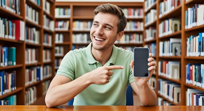 Happy young man holding smartphone in library surrounded by books