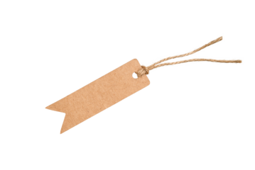 Blank kraft paper tag with twine string isolated on white background. Recycled cardboard label for gift wrapping, handmade crafts, or product packaging design mockup.