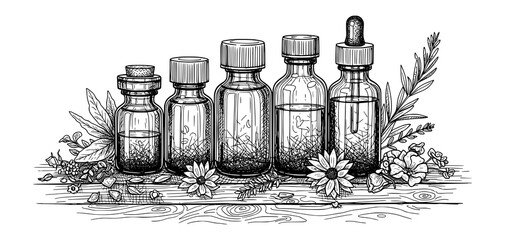 Hand-Drawn Apothecary Bottles and Herbs in Vintage Line Art Style. Vector Illustration for Wellness Concept.