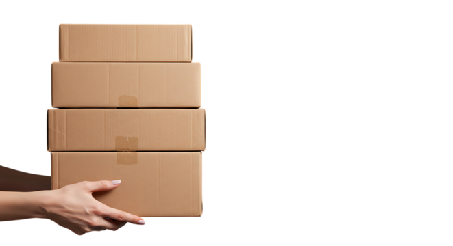 Hands holding a stack of cardboard boxes ready for shipping or delivery