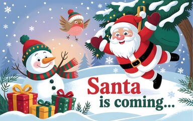 Santa is coming cheerful cartoon santa and snowman winter scene with colorful wrapped gifts falling snow festive christmas illustration perfect for holiday greeting cards invitations posters