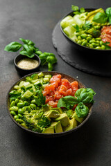 salmon, avocado and edamame bean bowl