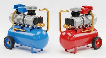 Two colorful air compressors side by side, ready for use in workshop.