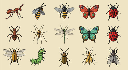 A vibrant illustration of various insects, including ants, bees, butterflies, and beetles, showcasing their diverse forms and colors.