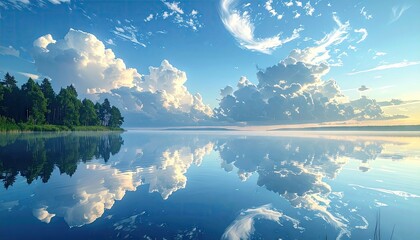 Serene Lakeside Dawn: Clouds Reflected in Calm Water
