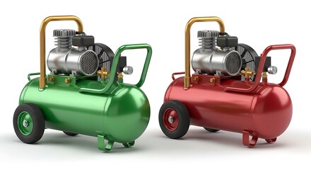 Two colorful portable air compressors in red and green isolated on a white background.