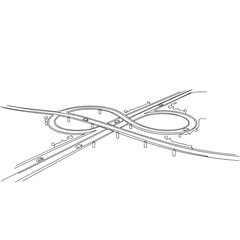 Infinity symbol highway interchange in continuous line art, black and white, representing complex connections and urban infrastructure, with copy space