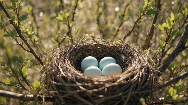 Robin Eggs in a Nest in Early Spring