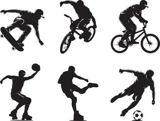 Fototapeta premium Dynamic sports silhouettes skateboarding and soccer