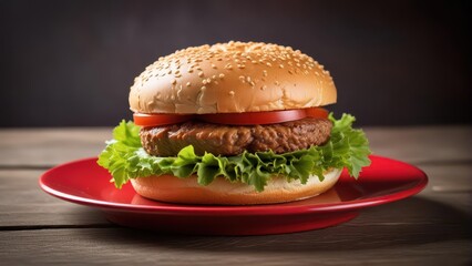 Beef burger patty on a red plate background with sesame seeds and lettuce