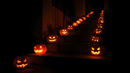 Fototapeta premium Dark and scary jack-o'-lantern with a bright orange flame and glow burning in the night, a perfect autumn Halloween symbol