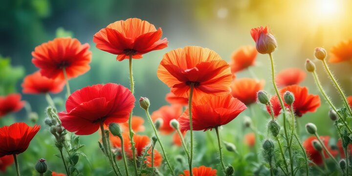 Vibrant red poppies swaying in the wind amidst a lush green landscape