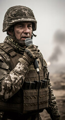 Fototapeta premium Male military reporter in camouflage uniform holding microphone to broadcast. Journalism in conflict zone. War correspondent reporting from battlefield event.