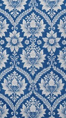 Traditional Indian cotton fabric with intricate blue and white floral damask pattern