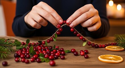 Hands stringing cranberries and oranges for Thanksgiving Day decoration  