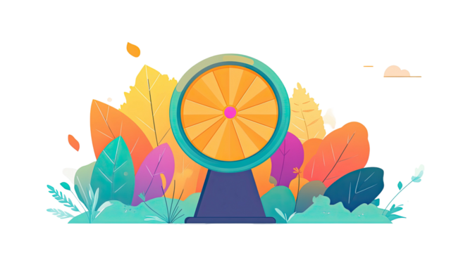 Wheel of fortune behind leafy plants