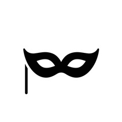 Simple carnival mask icon on stick in black for party graphics