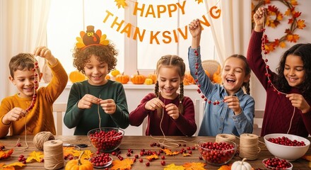 Children crafting Thanksgiving decorations with smiles at table  