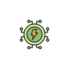 A circuit board with a lightning symbol representing electrical energy flow, smart devices, and digital power systems.