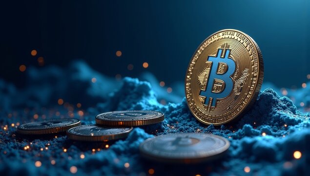 Bitcoin coins on blue surface with glowing particles in background