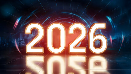 Vector art of futuristic glowing 2026 new year with reflection on dark background